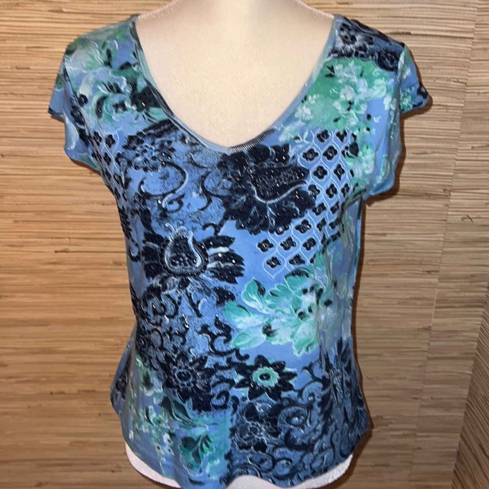 Temptation large 100% cotton v-neck cap sleeve sweater blue green black euc!